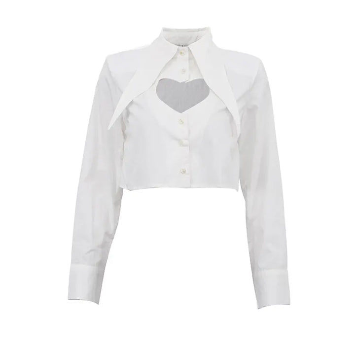 Pointed Collar Heart Cutout Long Sleeve Crop Shirt