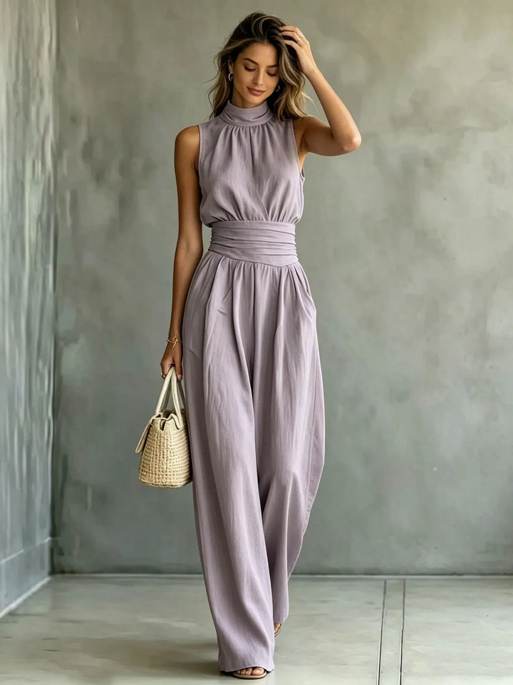 Sleeveless Mock-neck Solid-color Casual Wide-leg Jumpsuit