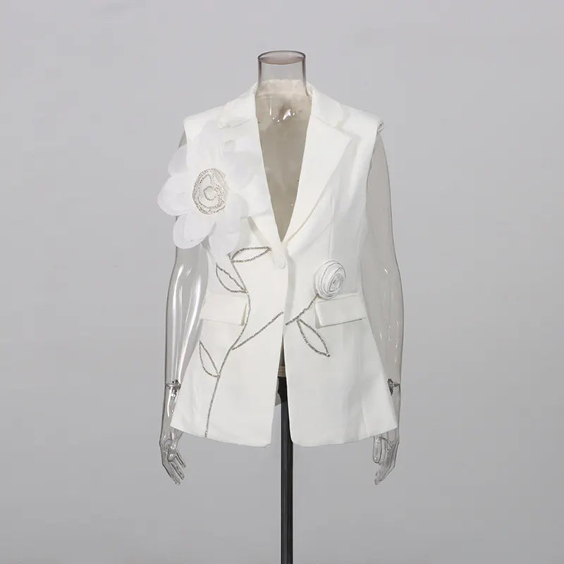 Tailored Sleeveless Blazer Vest &amp; Wide Leg Trousers 2 Piece Floral Embroidery Suit Co-ord