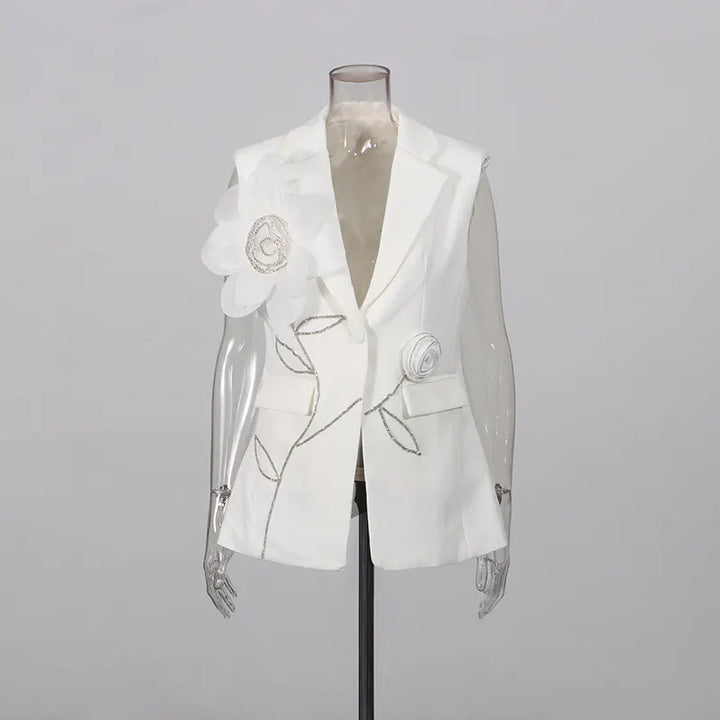 Tailored Sleeveless Blazer Vest &amp; Wide Leg Trousers 2 Piece Floral Embroidery Suit Co-ord
