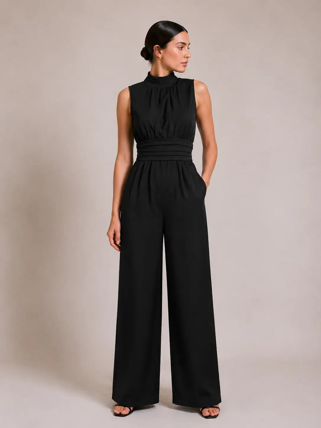 Sleeveless Mock-neck Solid-color Casual Wide-leg Jumpsuit