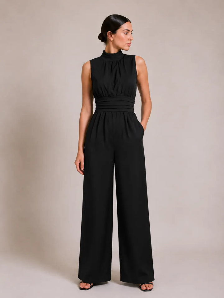 Sleeveless Mock-neck Solid-color Casual Wide-leg Jumpsuit