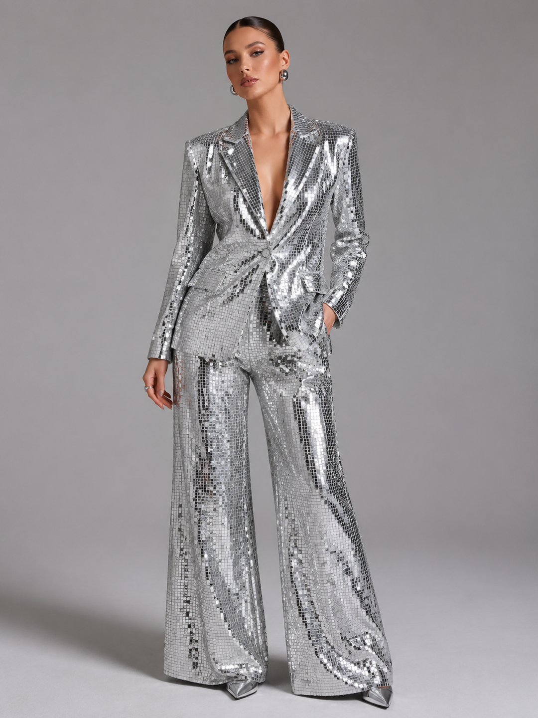 Silver Square Sequin Peak Lapel Blazer & High Waist Full Flare Trousers 2-Piece Party Suit