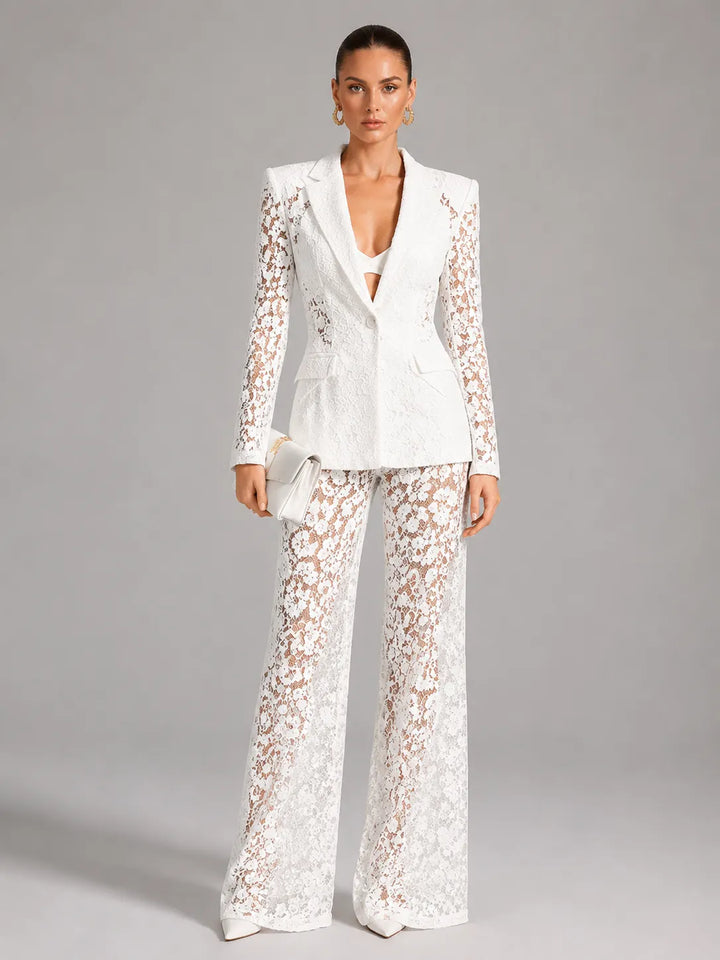 Floral Lace Single Button Blazer &amp; High Waist Wide Leg Pants 2-Piece Suit Set