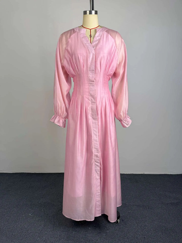 Puff Long Sleeve Gathered Waist Button Front Flowy Dress