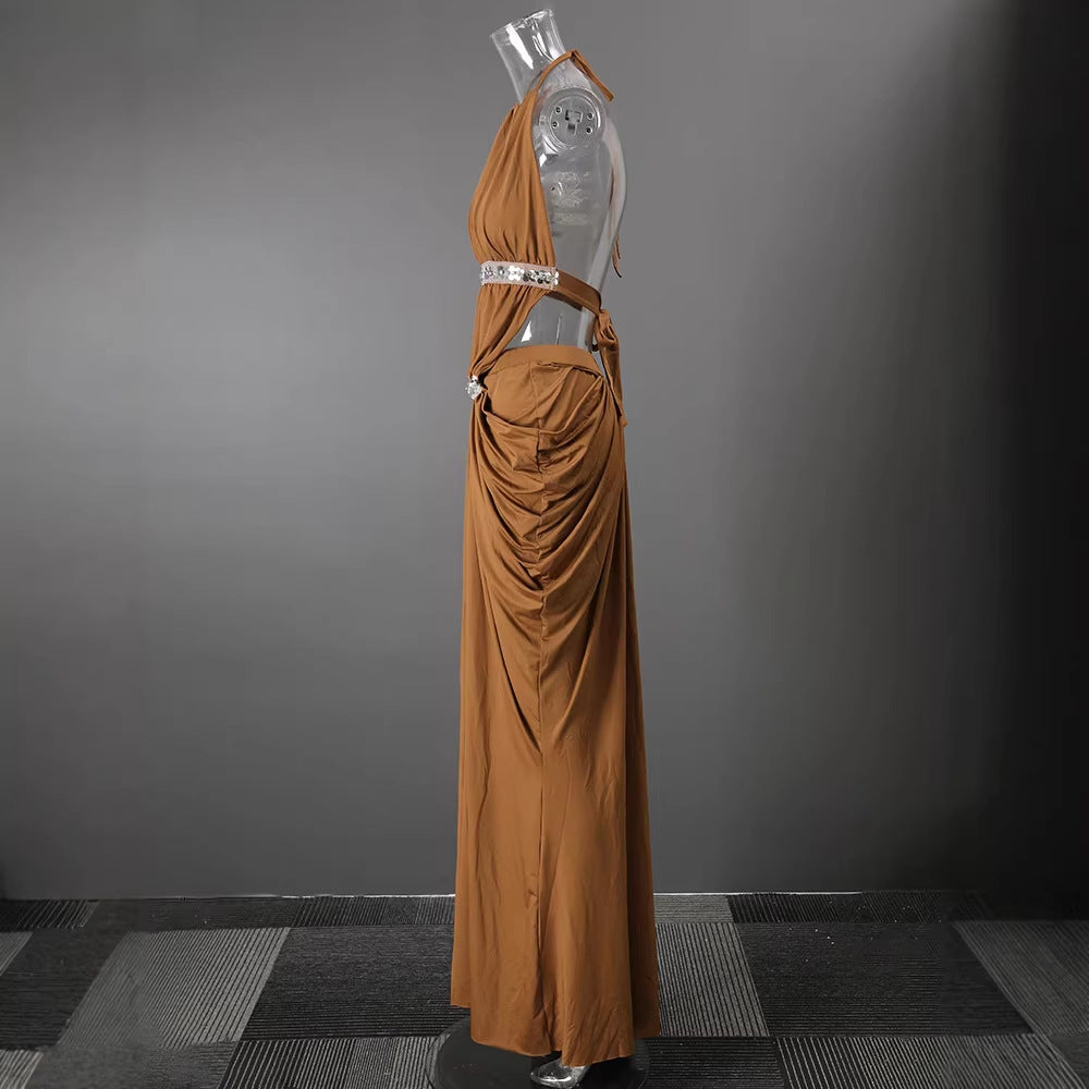 Halter Rhinestone Waist Double Ruched Mermaid Maxi Evening Dress