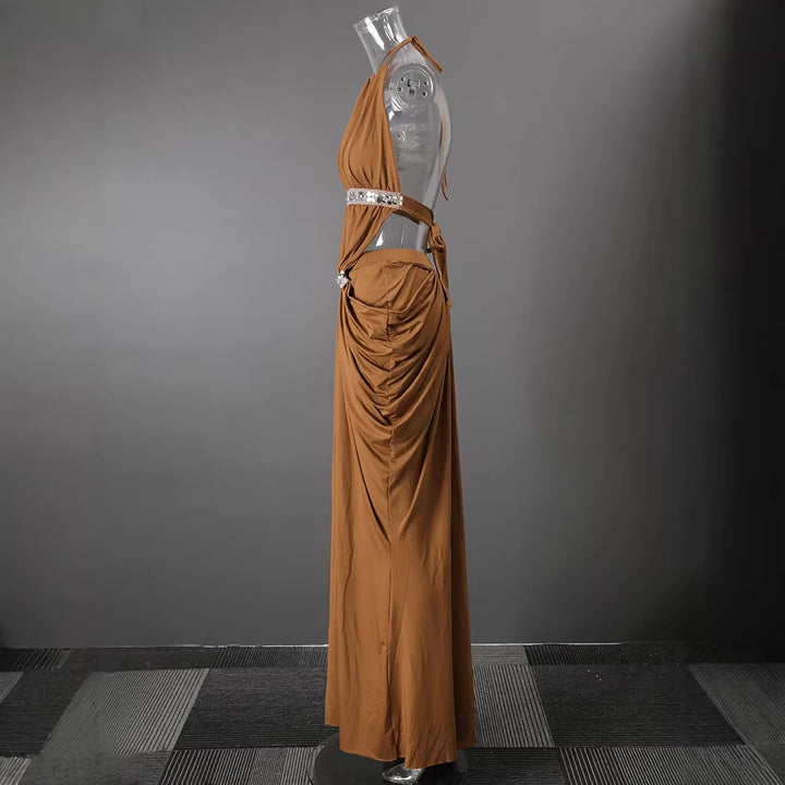 Halter Rhinestone Waist Double Ruched Mermaid Maxi Evening Dress