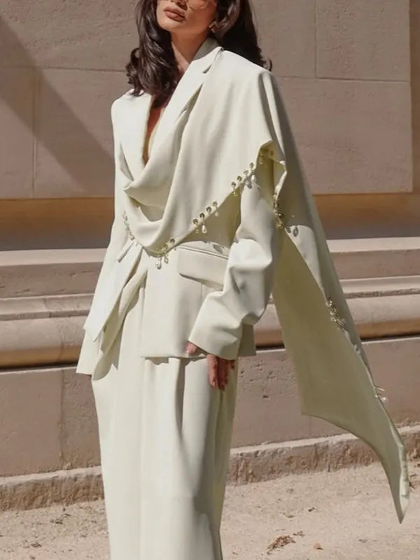 Waterfall Draped Pearl Crystal Bead Trim Asymmetrical Tailored Blazer