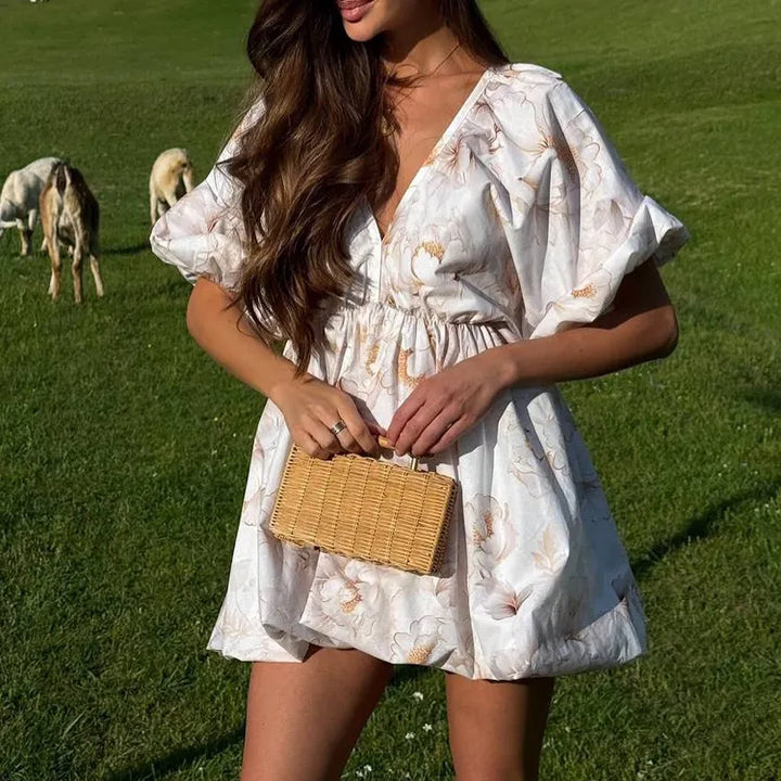 Sexy Open-Back V-Neck Puff-Sleeve Tie-Waist Dress