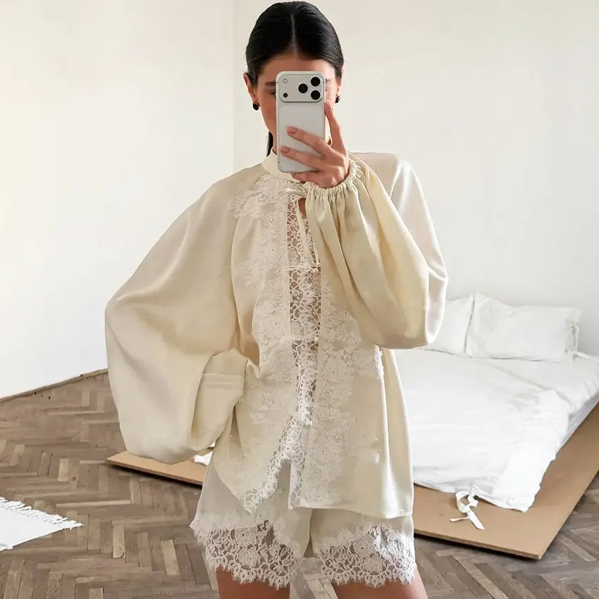 Off-white Ice-silk Satin Lace-trimmed Tie-front Womens Pajama Sethome Wear