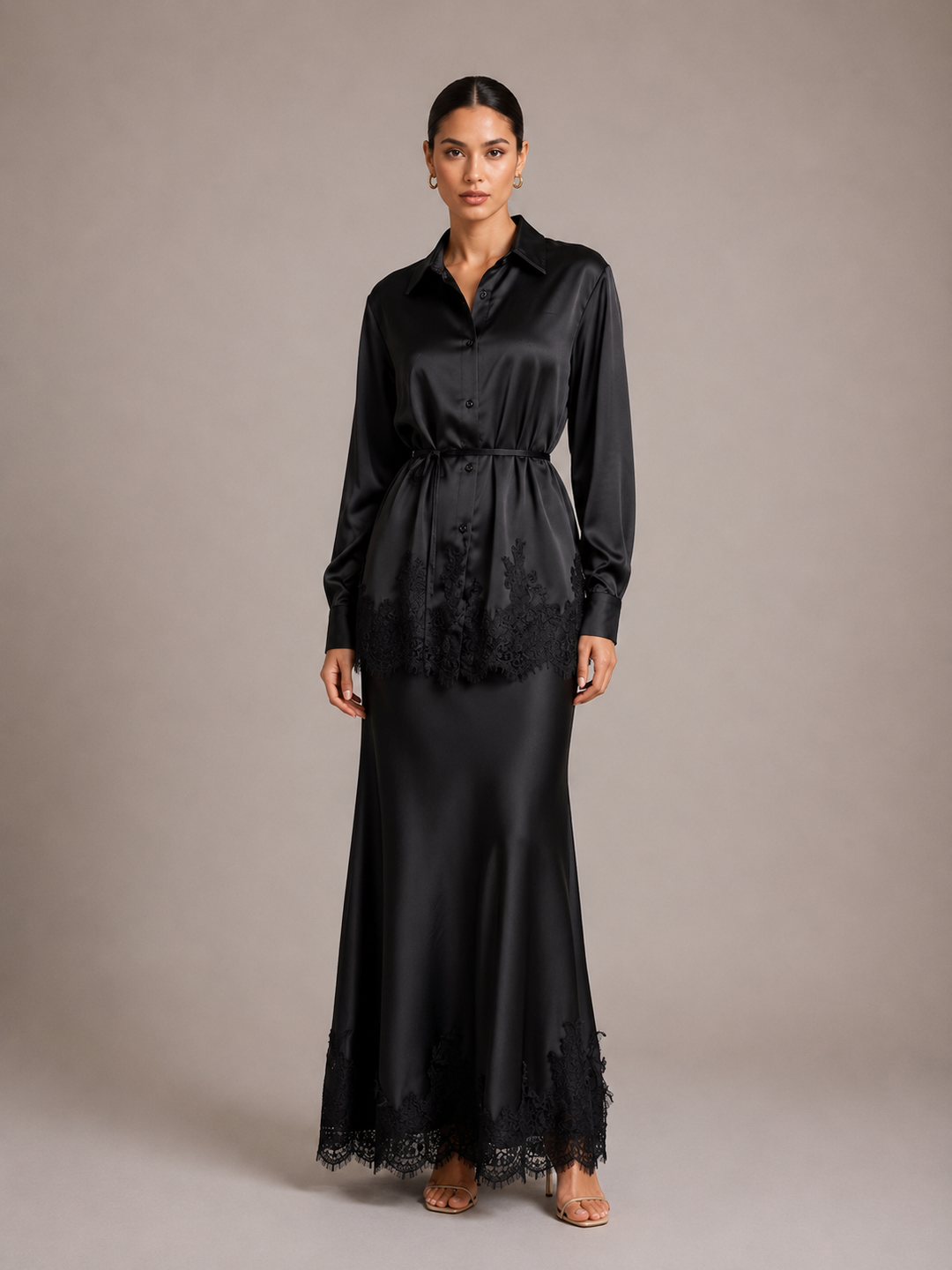 Gloss Satin Collared Lace Hem Shirt &amp; Maxi Skirt 2 Piece Matching Co-ord Set