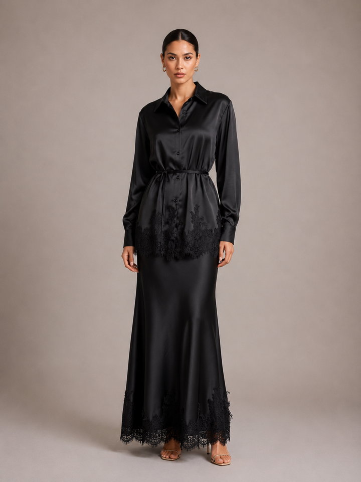 Gloss Satin Collared Lace Hem Shirt &amp; Maxi Skirt 2 Piece Matching Co-ord Set