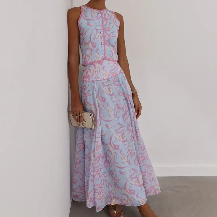Abstract Print Sleeveless Crop Vest & Flared Midi Skirt 2-Piece Set