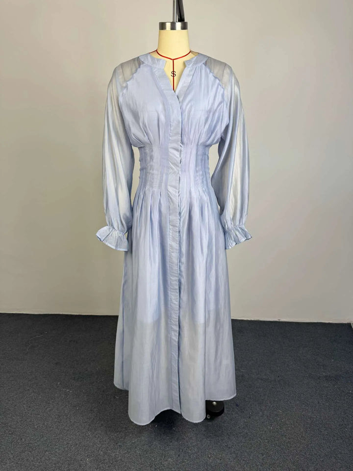 Puff Long Sleeve Gathered Waist Button Front Flowy Dress