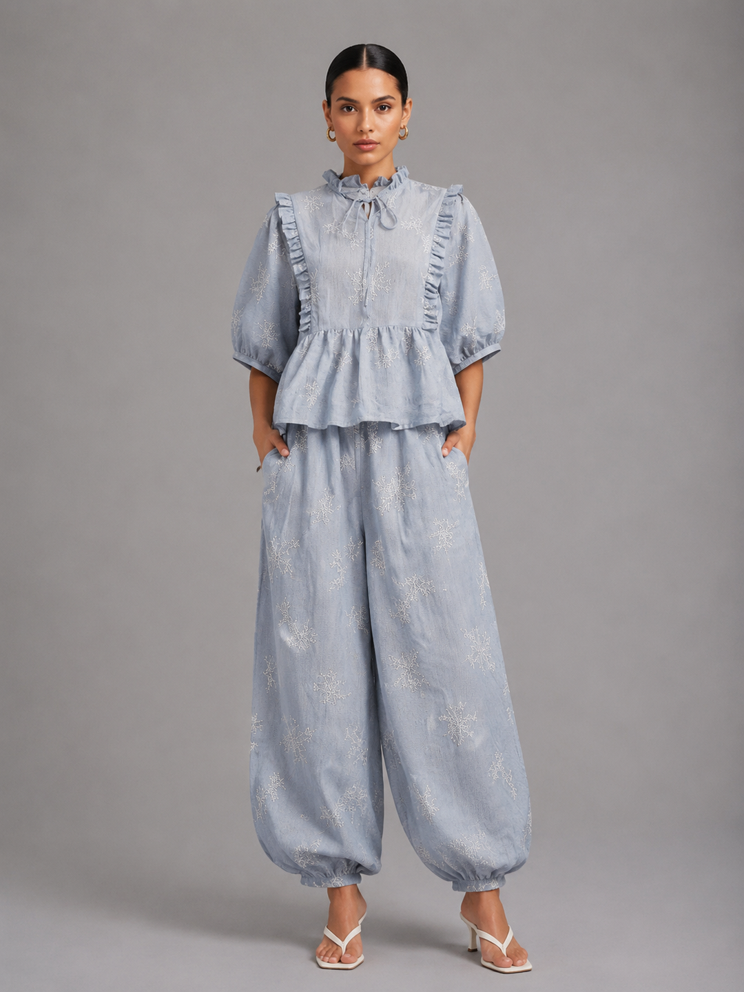 Embroidery Ruffle Tie Neck Puff Sleeve Crop Top & Wide Leg Pants 2-Piece Loungewear Set
