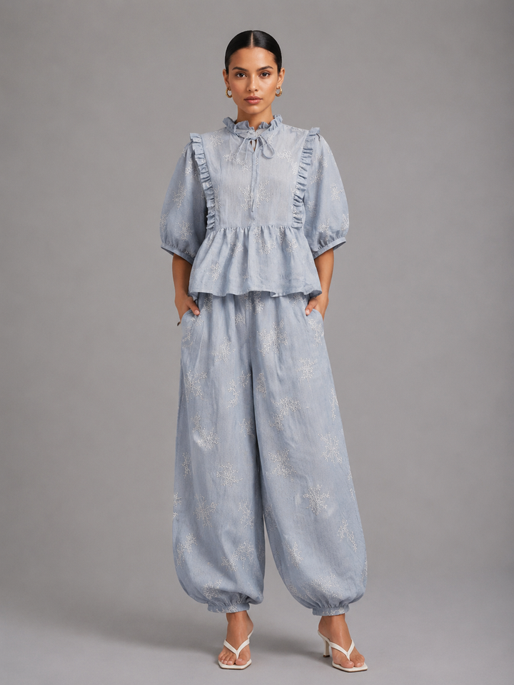 Embroidery Ruffle Tie Neck Puff Sleeve Crop Top &amp; Wide Leg Pants 2-Piece Loungewear Set