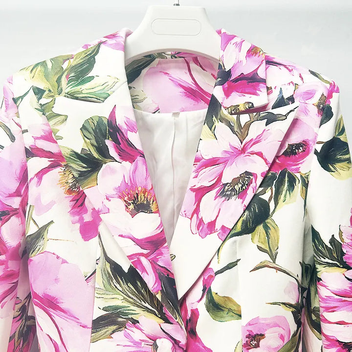 Floral Print Single Button Blazer &amp; Straight Floor Pants 2-Piece Suit Set