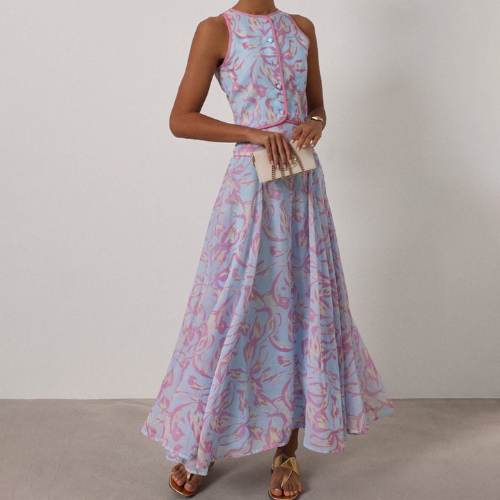 Abstract Print Sleeveless Crop Vest &amp; Flared Midi Skirt 2-Piece Set