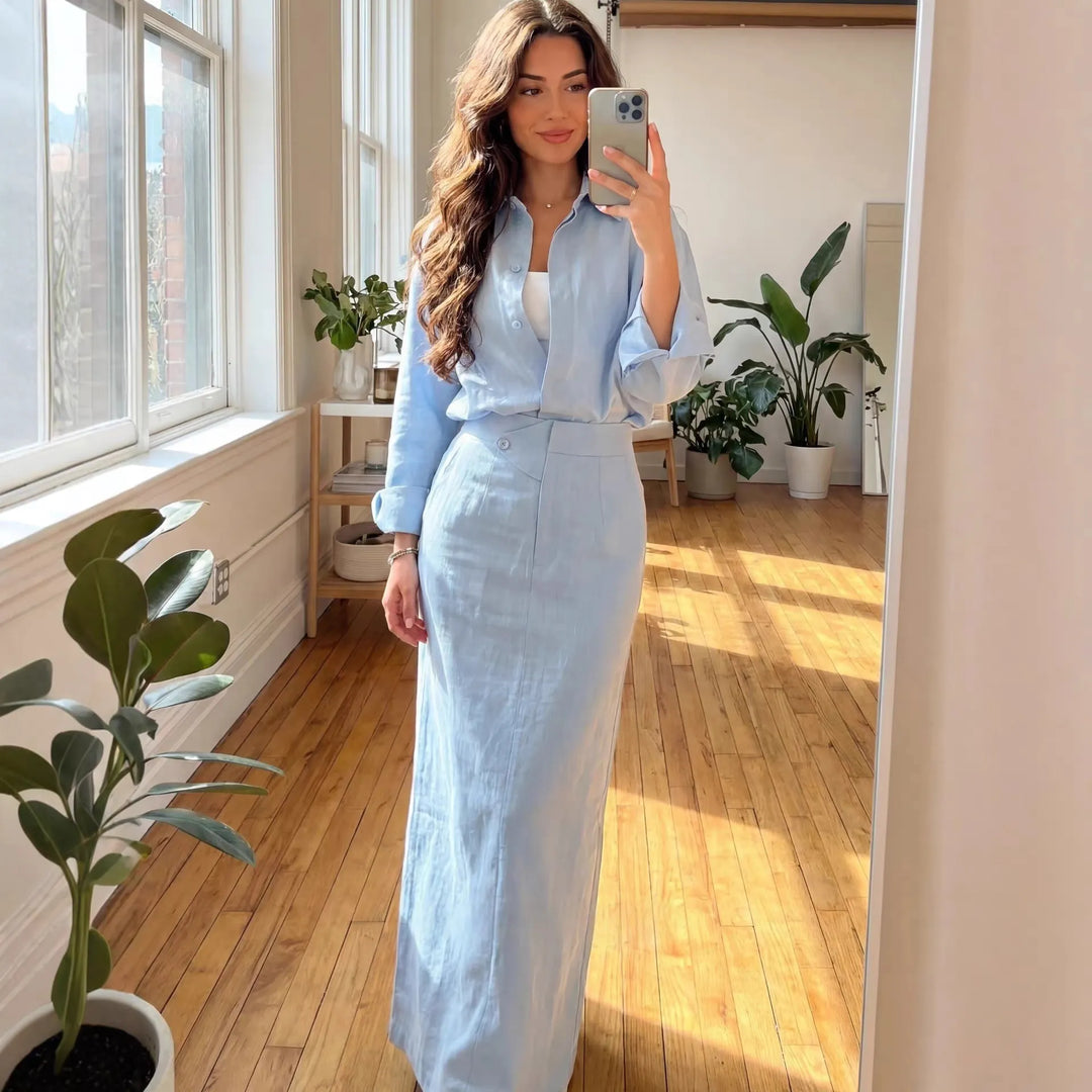 Fashionable Lapel Collar Loose-Fit Long-Sleeve Shirt And High-Waist Skirt Set