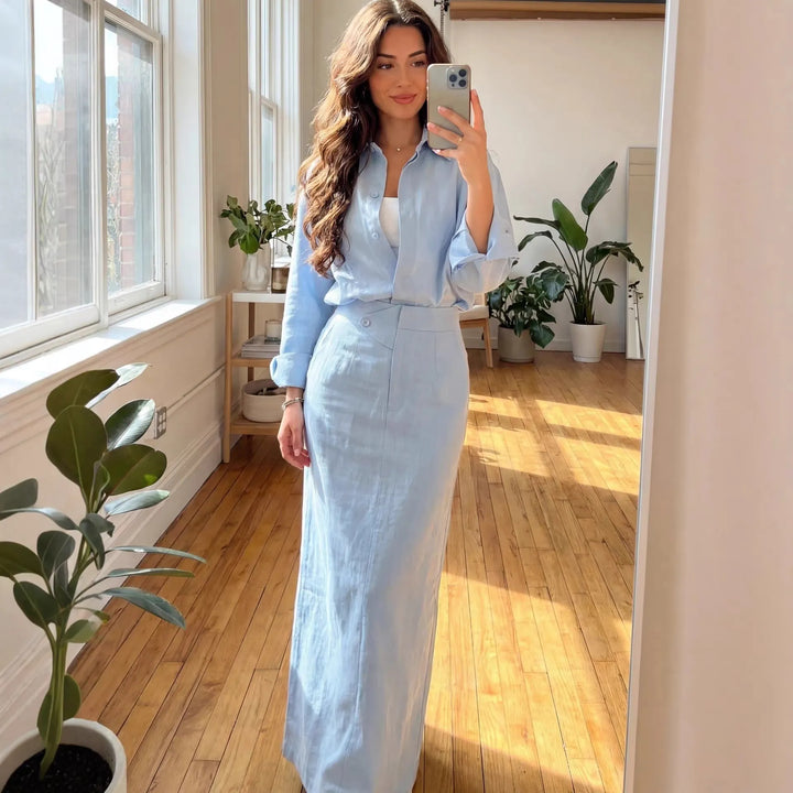 Fashionable Lapel Collar Loose-Fit Long-Sleeve Shirt And High-Waist Skirt Set