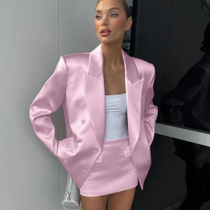 Double Breasted Oversized Blazer &amp; High Waist Mini Skirt 2-Piece Suit