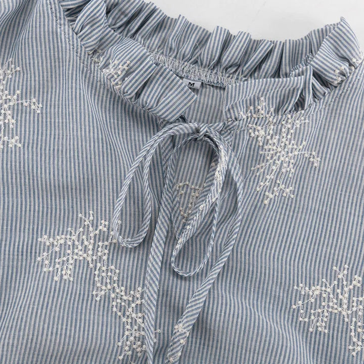 Embroidery Ruffle Tie Neck Puff Sleeve Crop Top &amp; Wide Leg Pants 2-Piece Loungewear Set