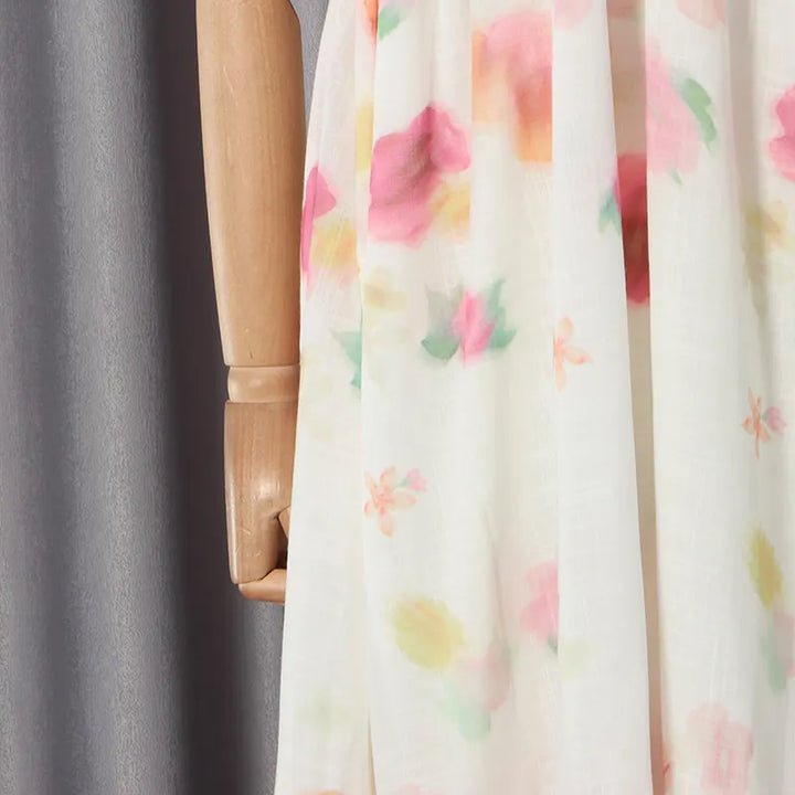 Watercolor Floral Smocked V-Neck Puff Sleeve Tiered Midi Dress