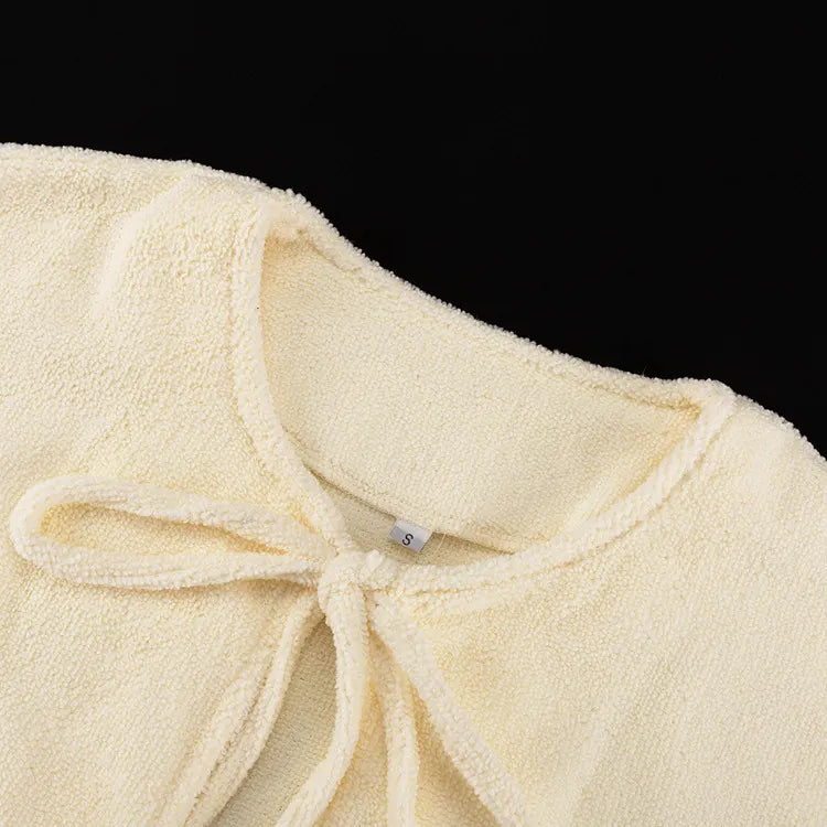 Terry Cloth Tie Front Short Sleeve Jacket &amp; Elastic Waist Casual Shorts 2-Piece Loungewear Set