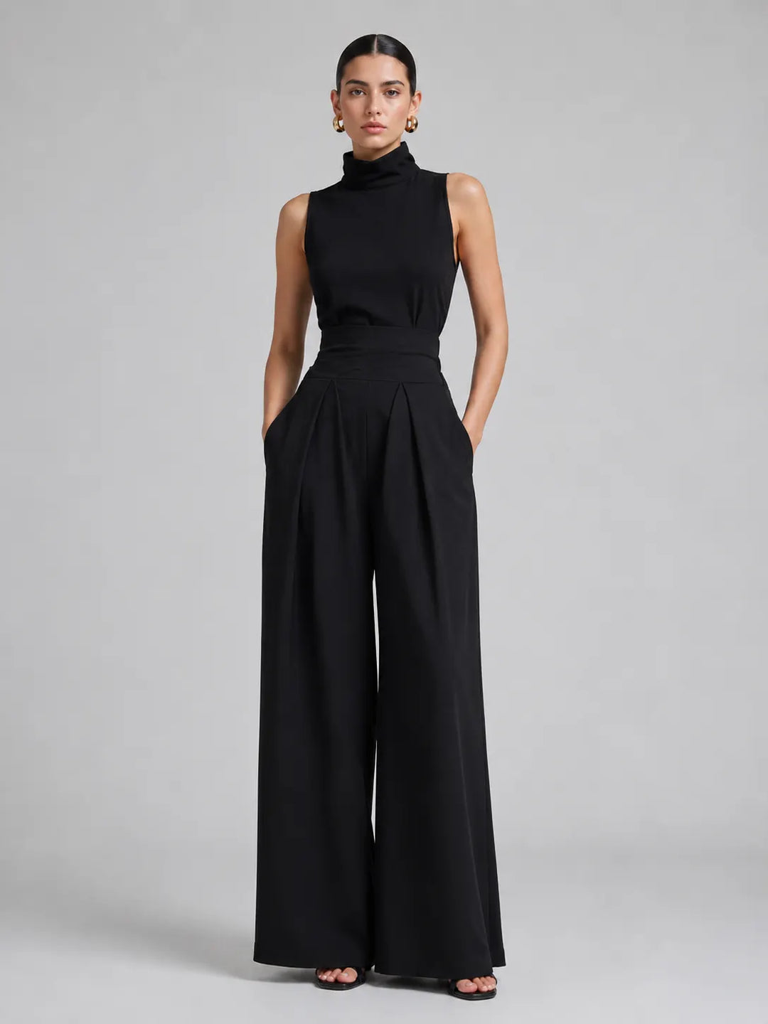 Casual Sleeveless Suit Summer Stand-up Collar Pullover Top And Loose Straight-leg Trousers