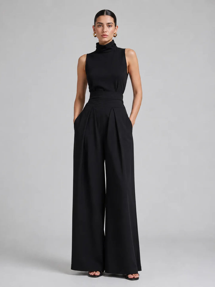Casual Sleeveless Suit Summer Stand-up Collar Pullover Top And Loose Straight-leg Trousers