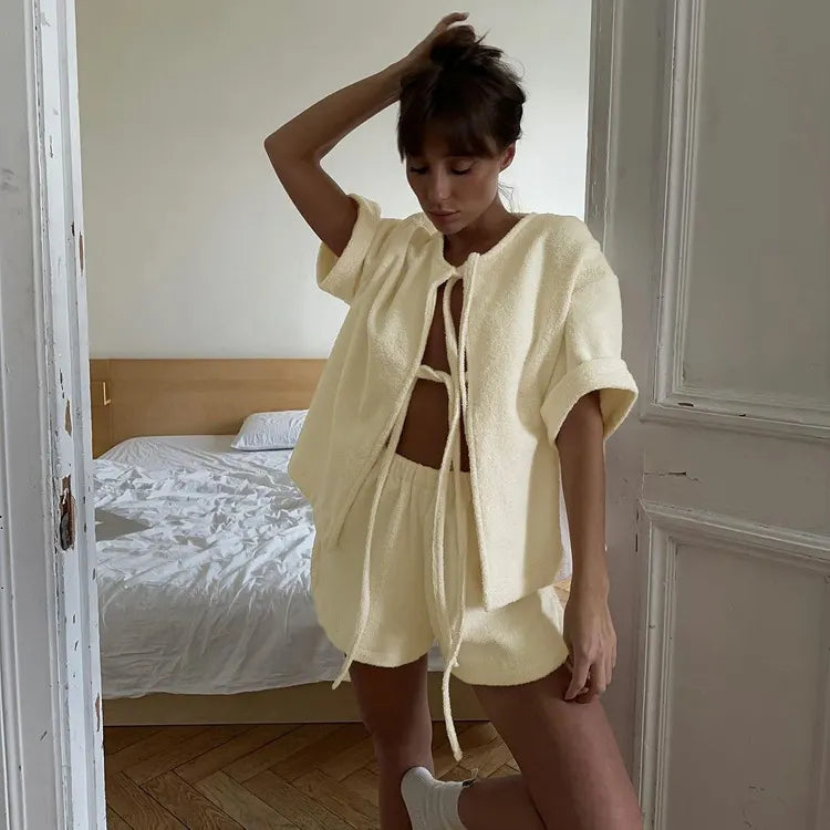 Terry Cloth Tie Front Short Sleeve Jacket & Elastic Waist Casual Shorts 2-Piece Loungewear Set