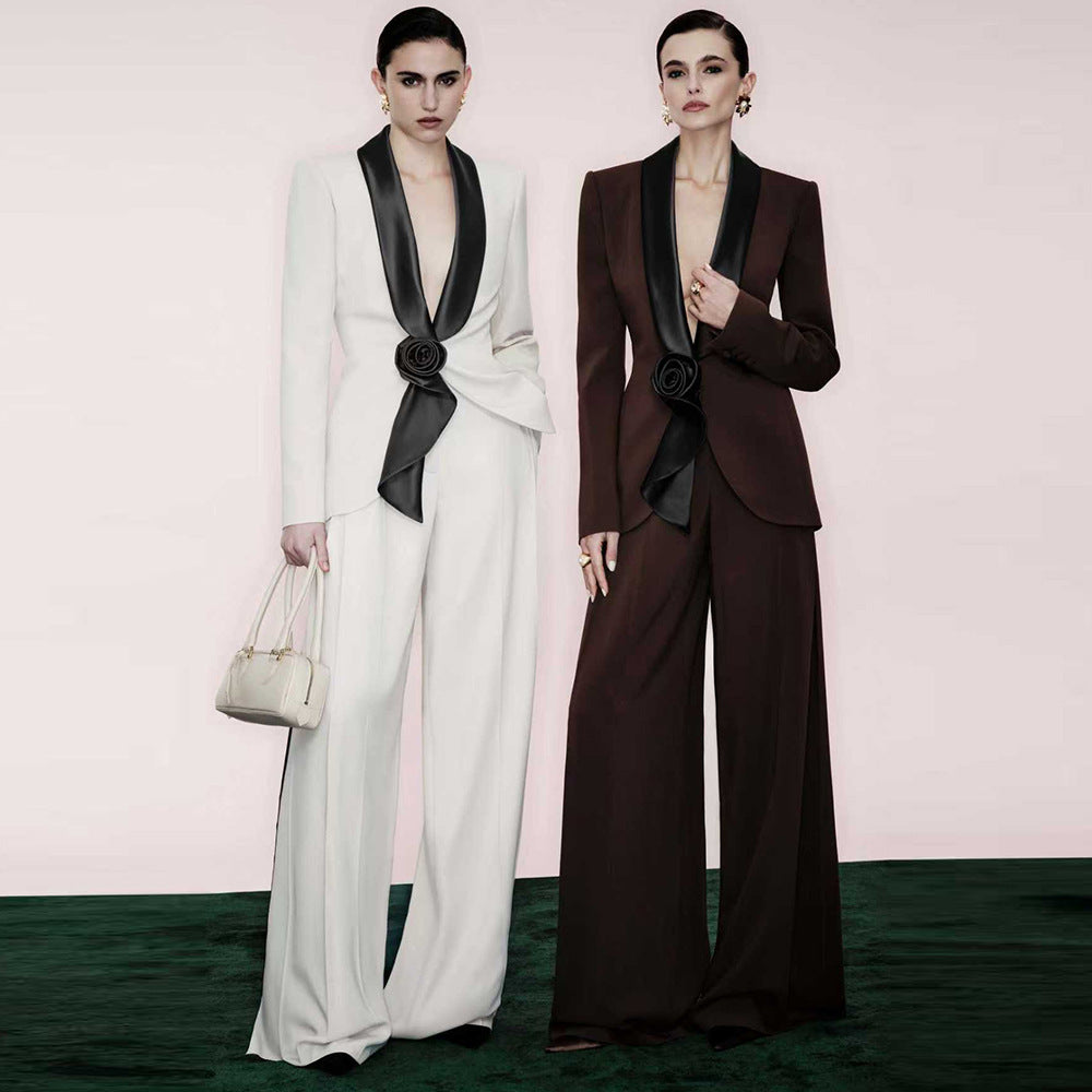 Satin Lapel 3D Floral Decor Blazer &amp; Wide Leg Floor Pants 2-Piece Suit Set