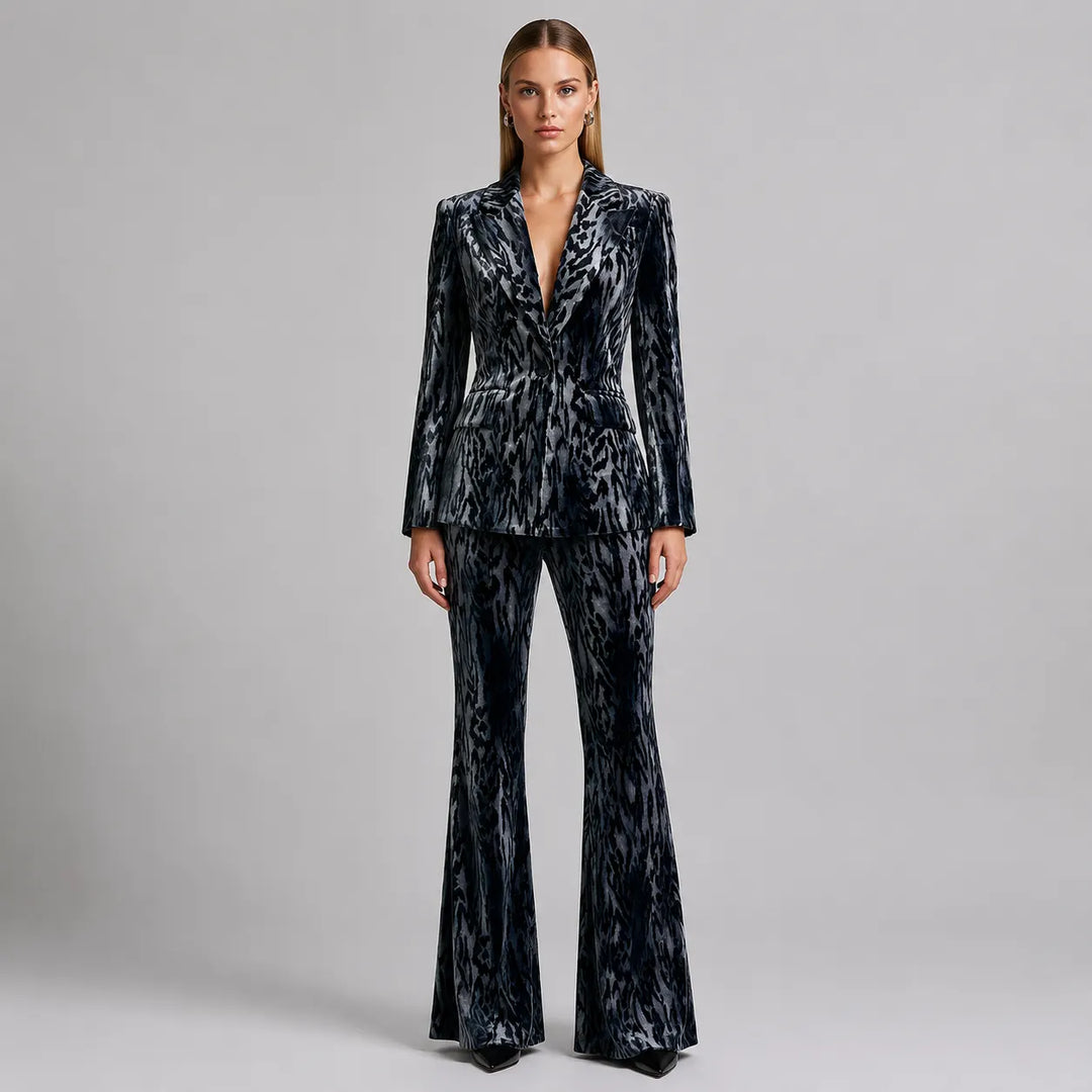 Teal Abstract Leopard Velvet Blazer & Flared Floor Pants 2-Piece Suit Set