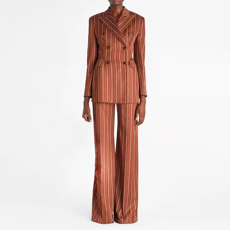 Erracotta White Vertical Stripe Double Breasted Blazer & Wide Leg Floor Pants 2-Piece Suit Set