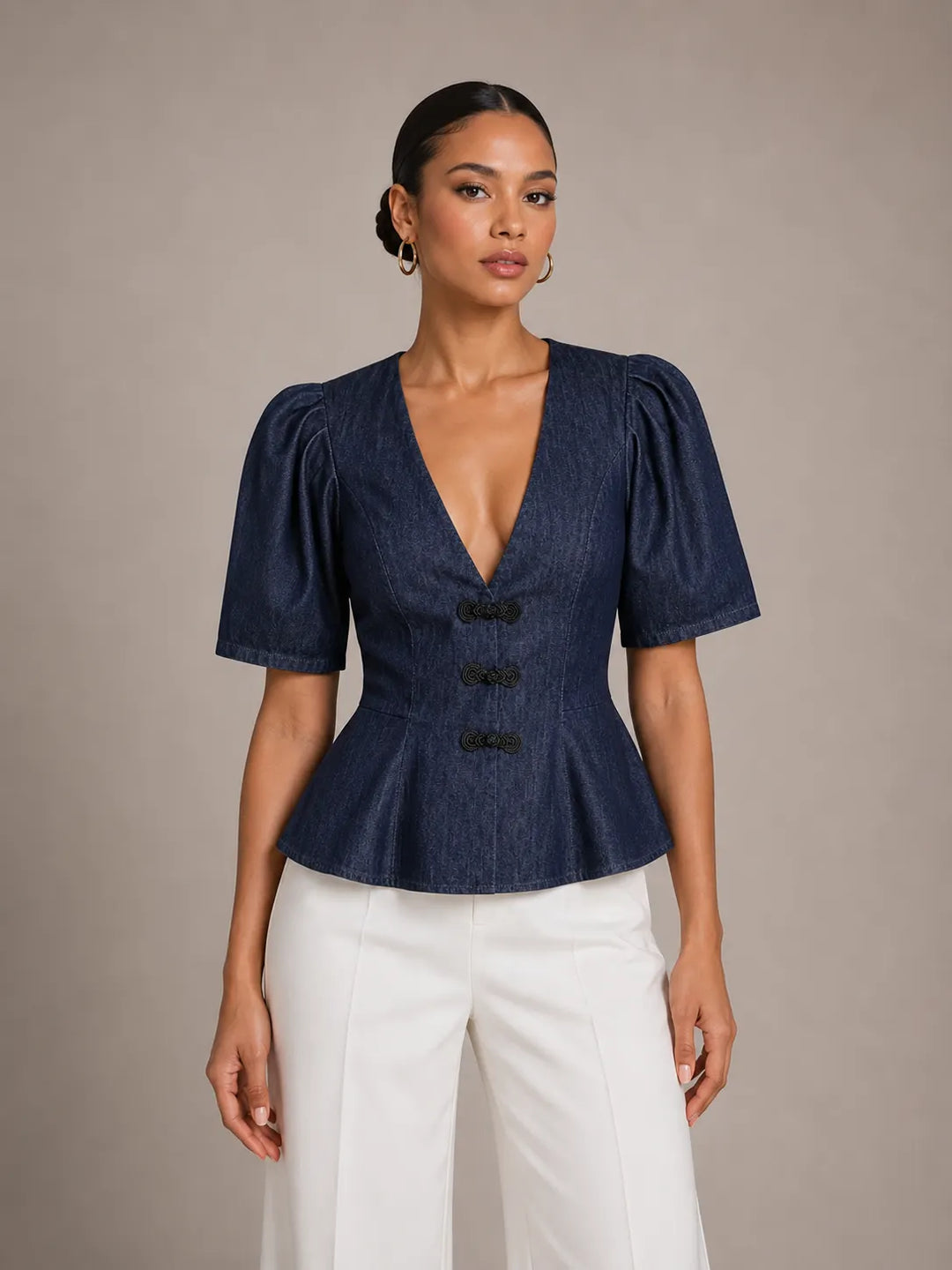 Frog Button Puff Sleeve Peplum V-Neck Blouse