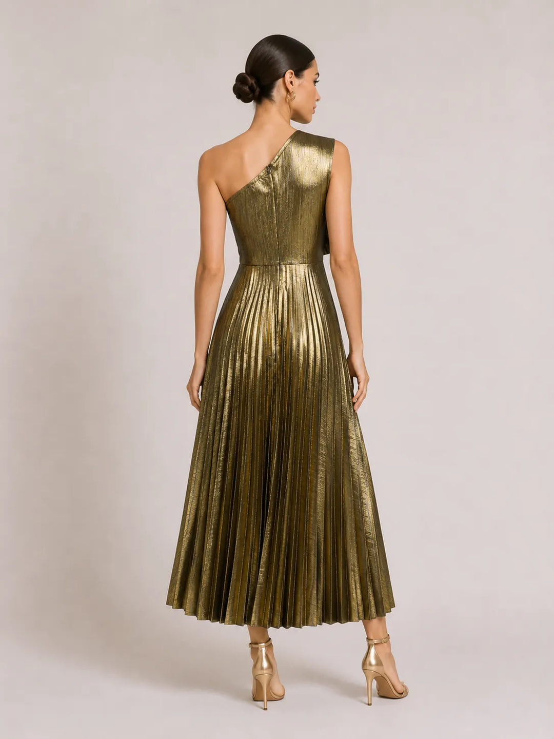 One Shoulder 3D Floral Applique Pleated Midi Evening Dress
