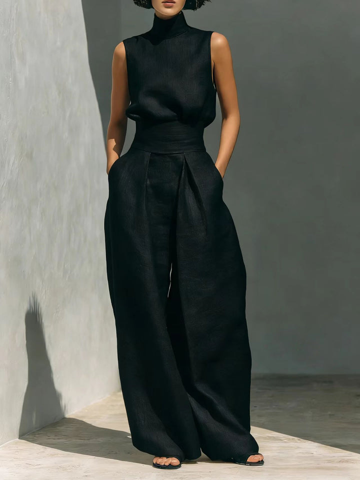 Casual Sleeveless Suit Summer Stand-up Collar Pullover Top And Loose Straight-leg Trousers