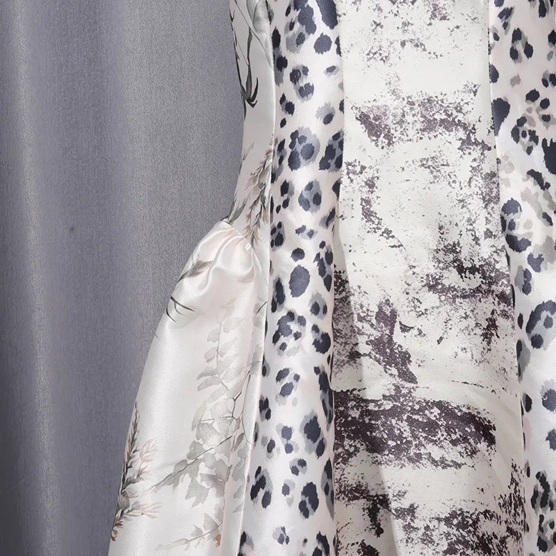 Leopard &amp; Botanical Print Square Neck Satin Midi Swing Dress