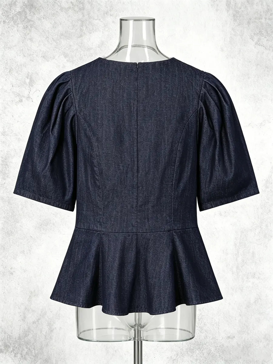 Frog Button Puff Sleeve Peplum V-Neck Blouse