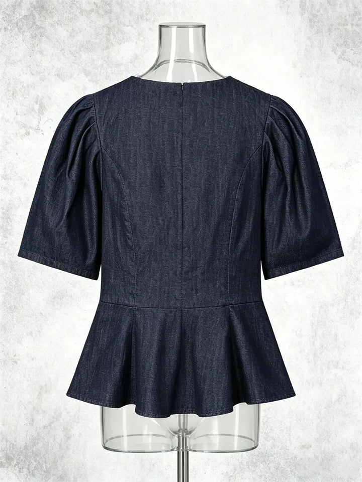 Frog Button Puff Sleeve Peplum V-Neck Blouse