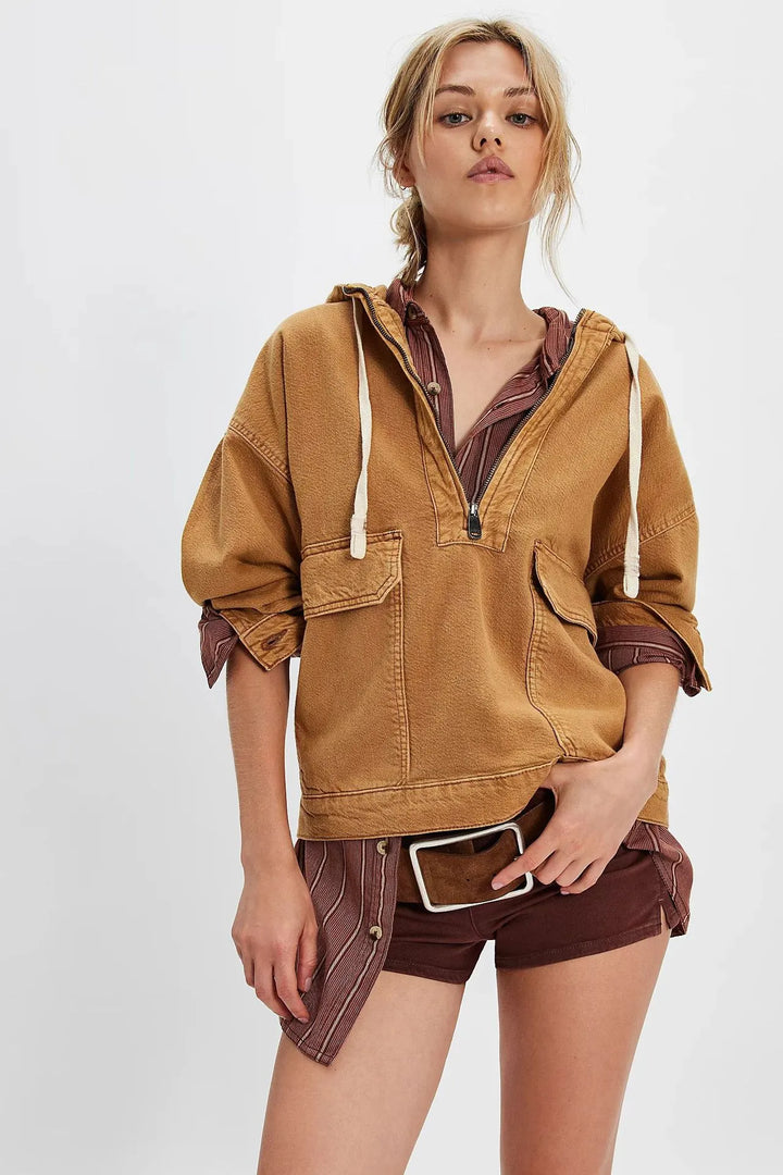 Stylish Relaxed-fit Washed Denim Long Sleeve Hoodie