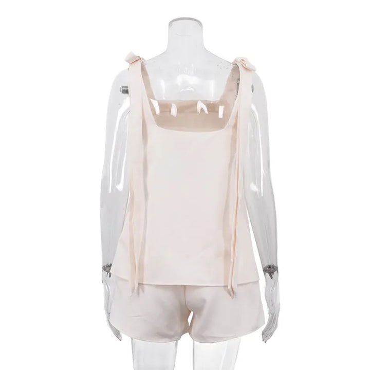 Bow Strap Square Neck A-Line Tank &amp; Elastic Waist Casual Shorts 2-Piece Co-Ord Set