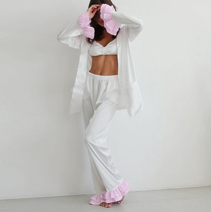 Womens Three-piece Set Featuring A Ruffled Long-sleeve Top And Trousers