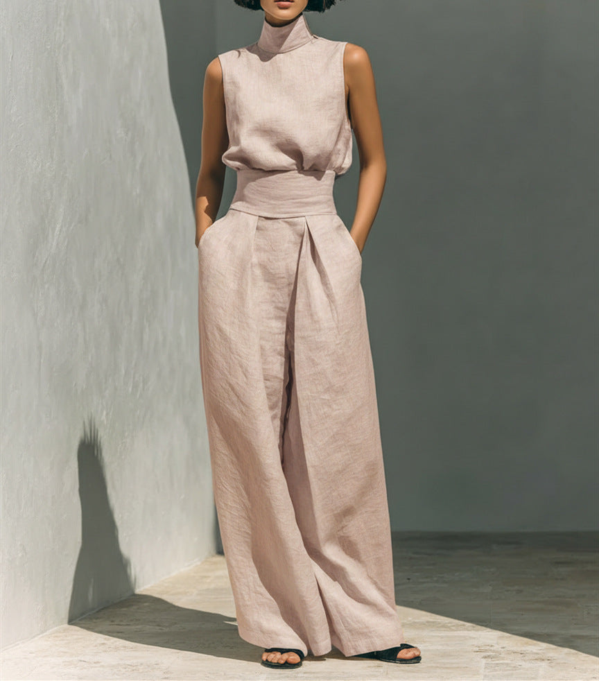 Casual Sleeveless Suit Summer Stand-up Collar Pullover Top And Loose Straight-leg Trousers