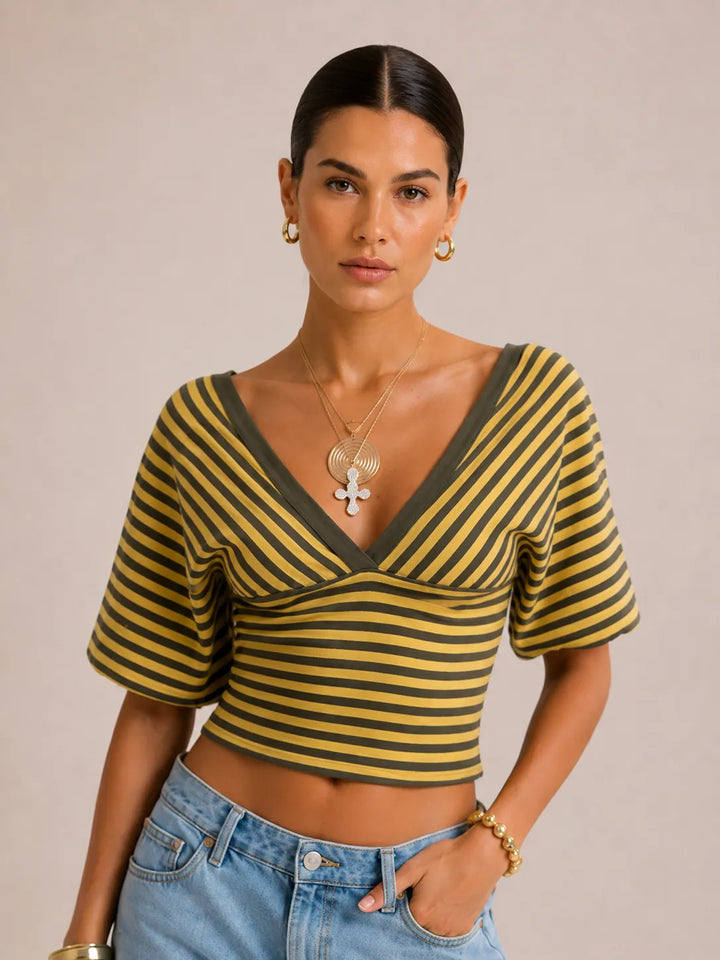 Cinched-waist Striped Print Trendy Off-shoulder Top