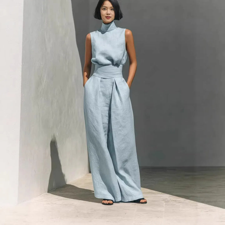 Casual Sleeveless Suit Summer Stand-up Collar Pullover Top And Loose Straight-leg Trousers
