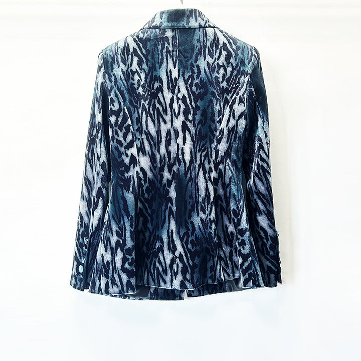 Teal Abstract Leopard Velvet Blazer &amp; Flared Floor Pants 2-Piece Suit Set