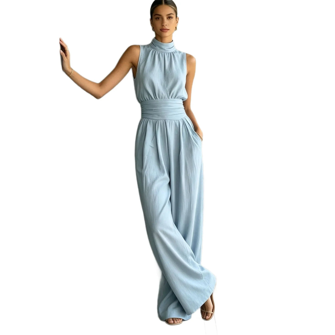 Sleeveless Mock-neck Solid-color Casual Wide-leg Jumpsuit