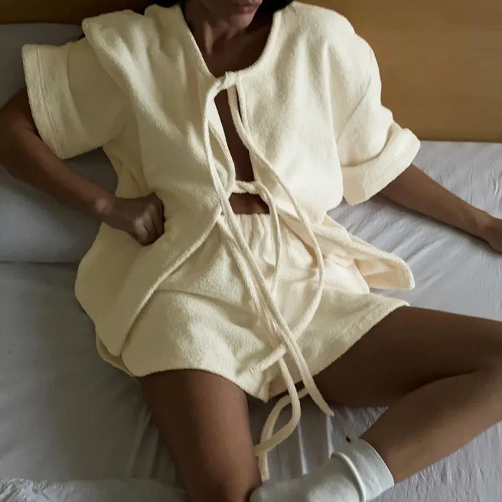 Terry Cloth Tie Front Short Sleeve Jacket &amp; Elastic Waist Casual Shorts 2-Piece Loungewear Set