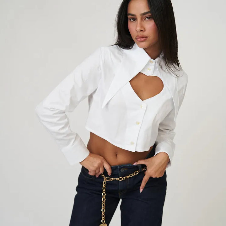 Pointed Collar Heart Cutout Long Sleeve Crop Shirt